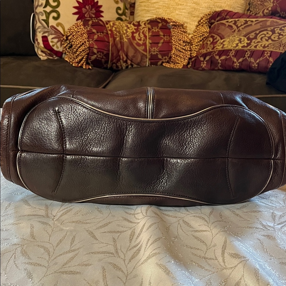 B. Makowsky Dark Brown Slouchy Brown Leather HoBo Shoulder Bag Metallic Details - Picture 6 of 17